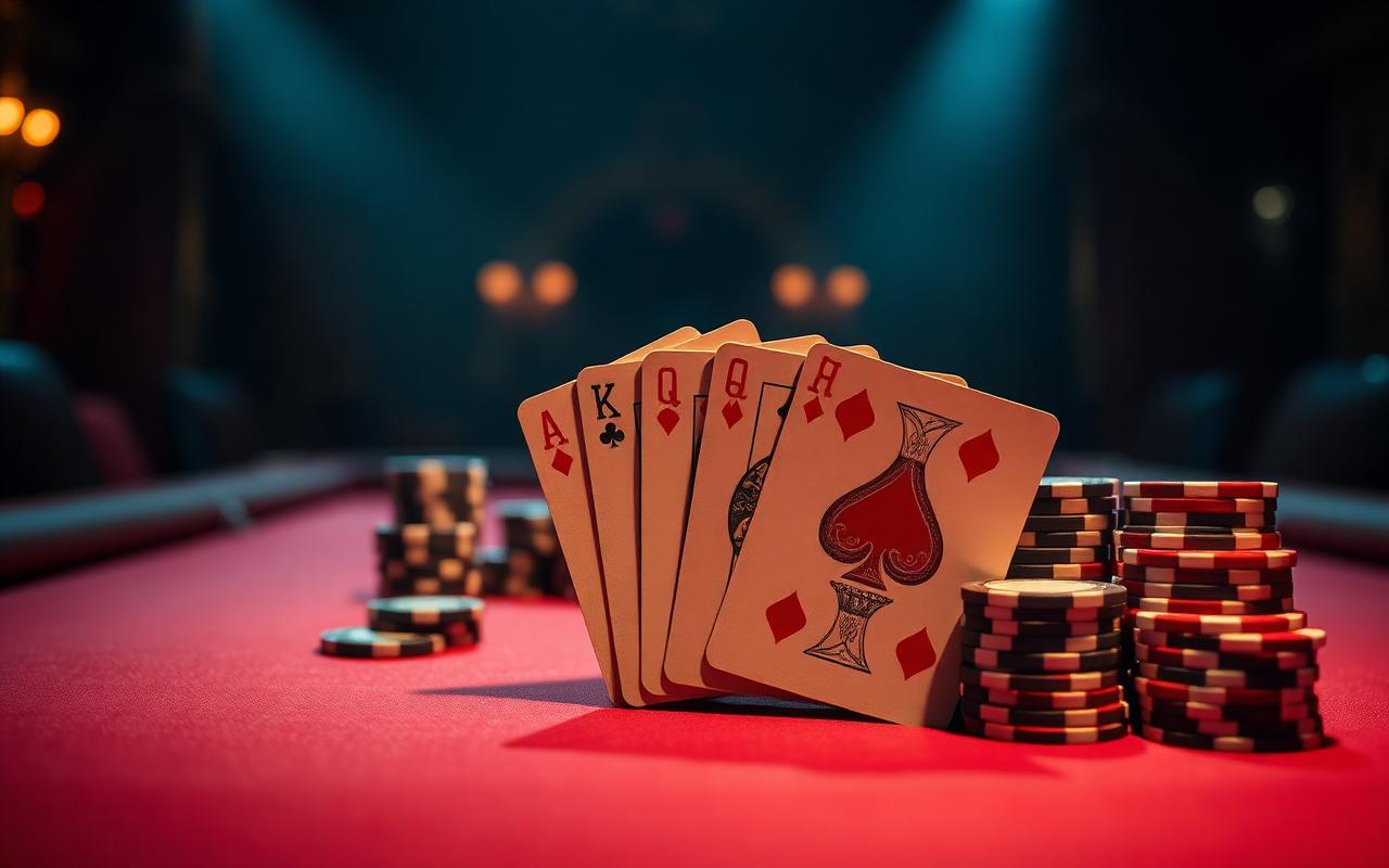 Poker-Tisch mit Ass-König-Suited als Starthand vor Chip-Stapeln, Symbolbild für Poker-Strategie