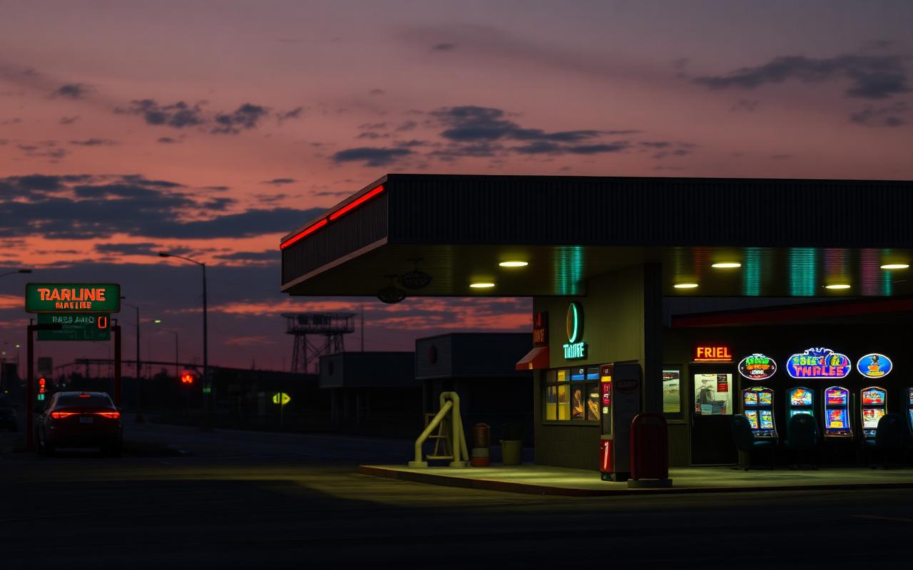 Truckstop in Louisiana mit Casino-Neonschild bei Nacht, Symbolbild zur Übernahme von Toucan Gaming durch Accel Entertainment