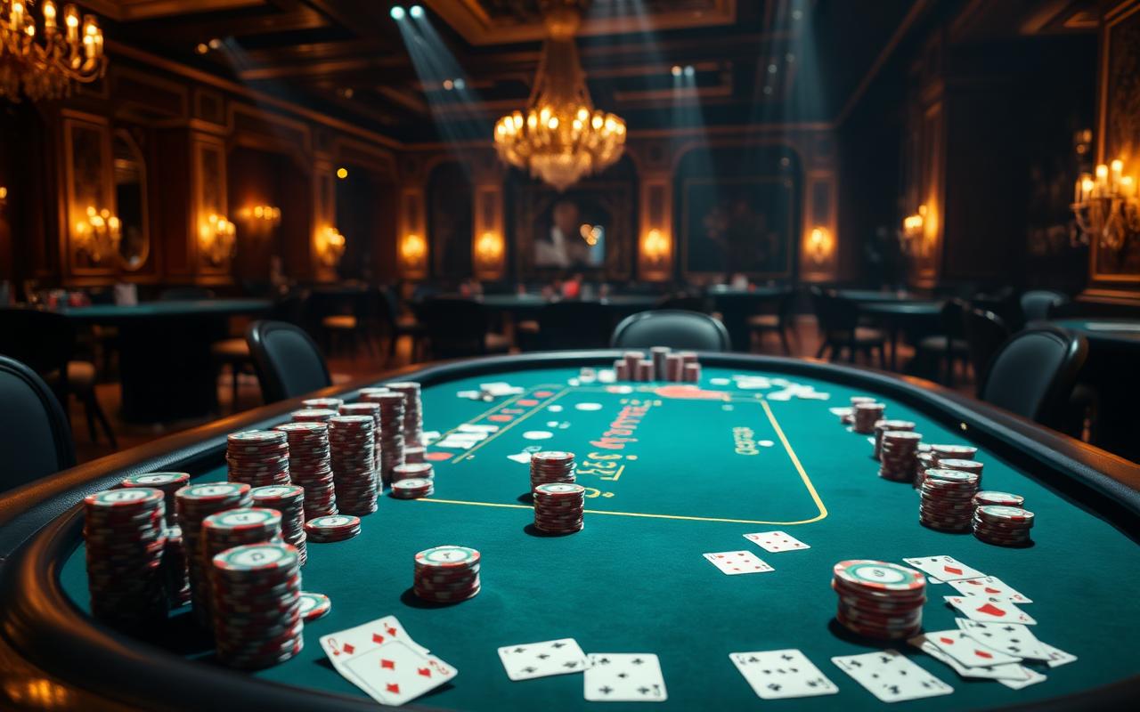 Pokertisch im Casino Graz mit Chips und Karten, Symbolbild zur Pokermania Big 50K Turnierserie