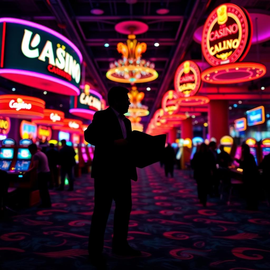 Casino-Messehalle in Lateinamerika mit Neonschildern, Symbolbild zur Partnerschaft Hub Affiliations und Gana Media Group