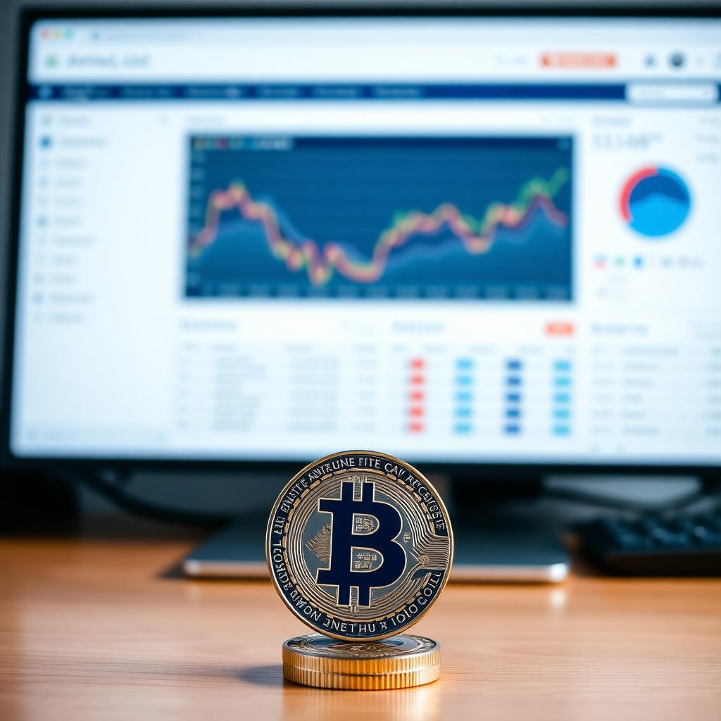Finnische Flagge neben einer Bitcoin-Münze auf einem Schreibtisch mit Analytics-Dashboard, Symbolbild Finnland Kryptoregulierung Affiliate-Markt