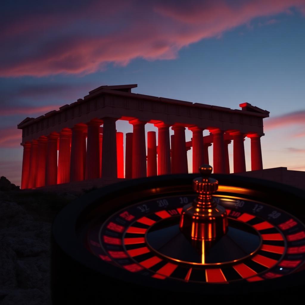 Athener Parthenon in roter Abenddämmerung mit Roulette-Rad, Symbolbild Griechenland Schwarzmarktbekämpfung Online-Glücksspiel