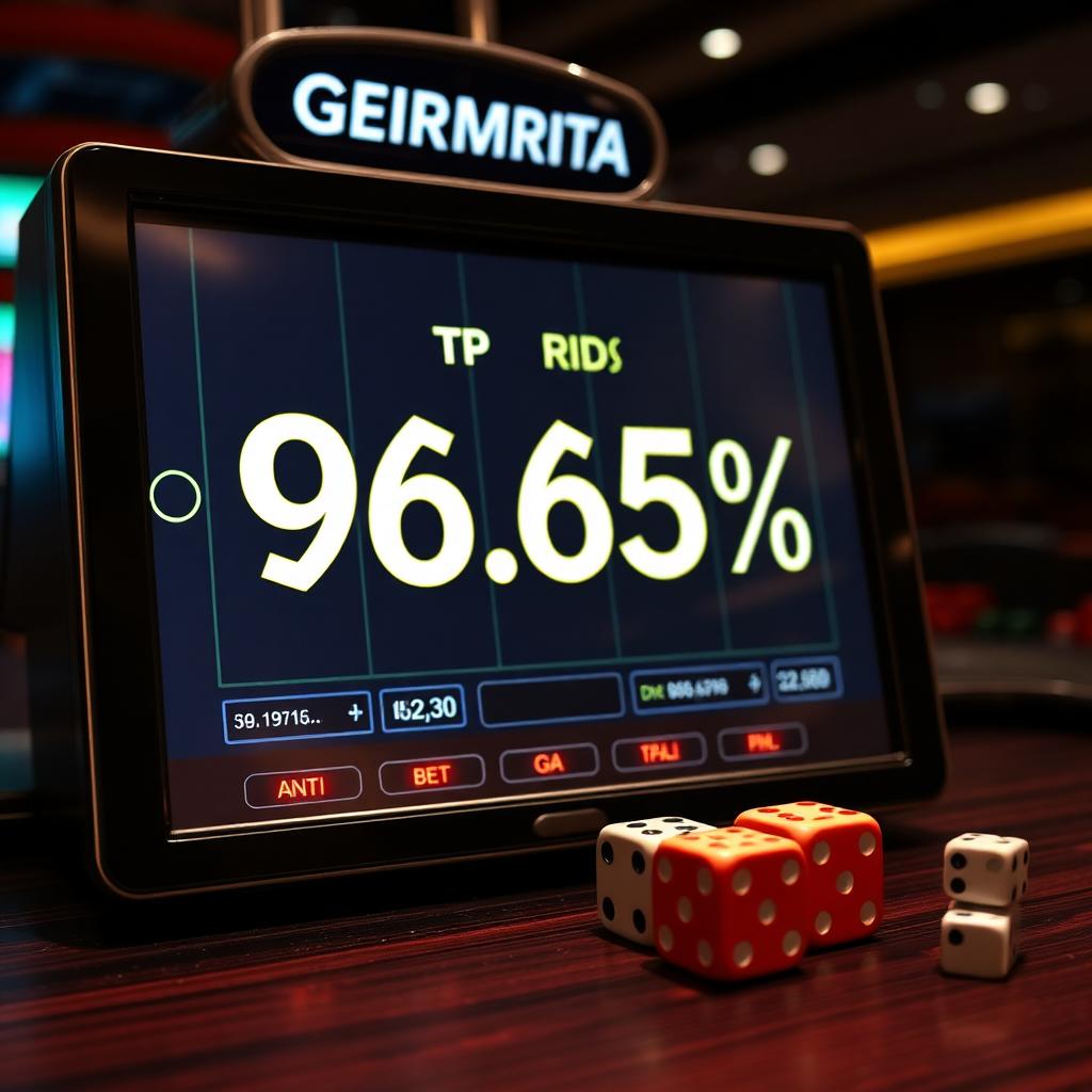Slot-Display mit RTP-Anzeige 96,5 % und Wahrscheinlichkeits-Diagramm auf dunklem Casino-Tisch, Symbolbild für Auszahlungsquote