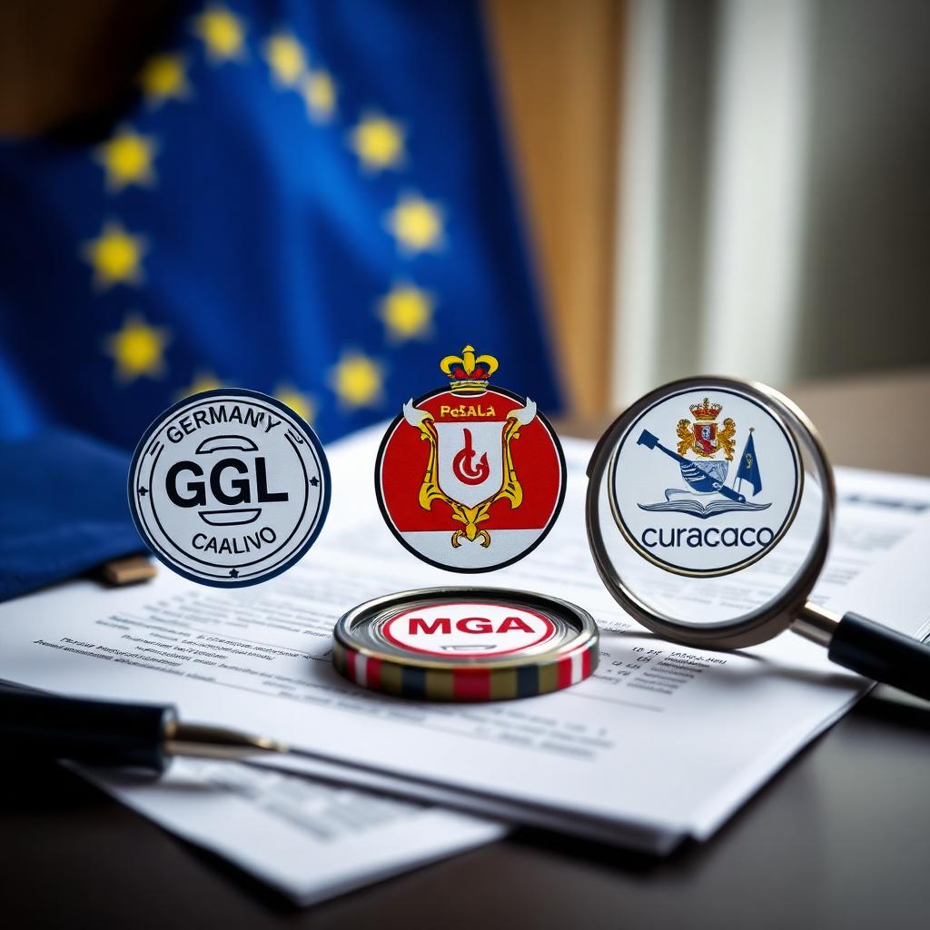 Lizenzsiegel von GGL, MGA und Curaçao auf Rechtsdokumenten mit Lupe und EU-Flagge, Symbolbild für Casino-Lizenzvergleich