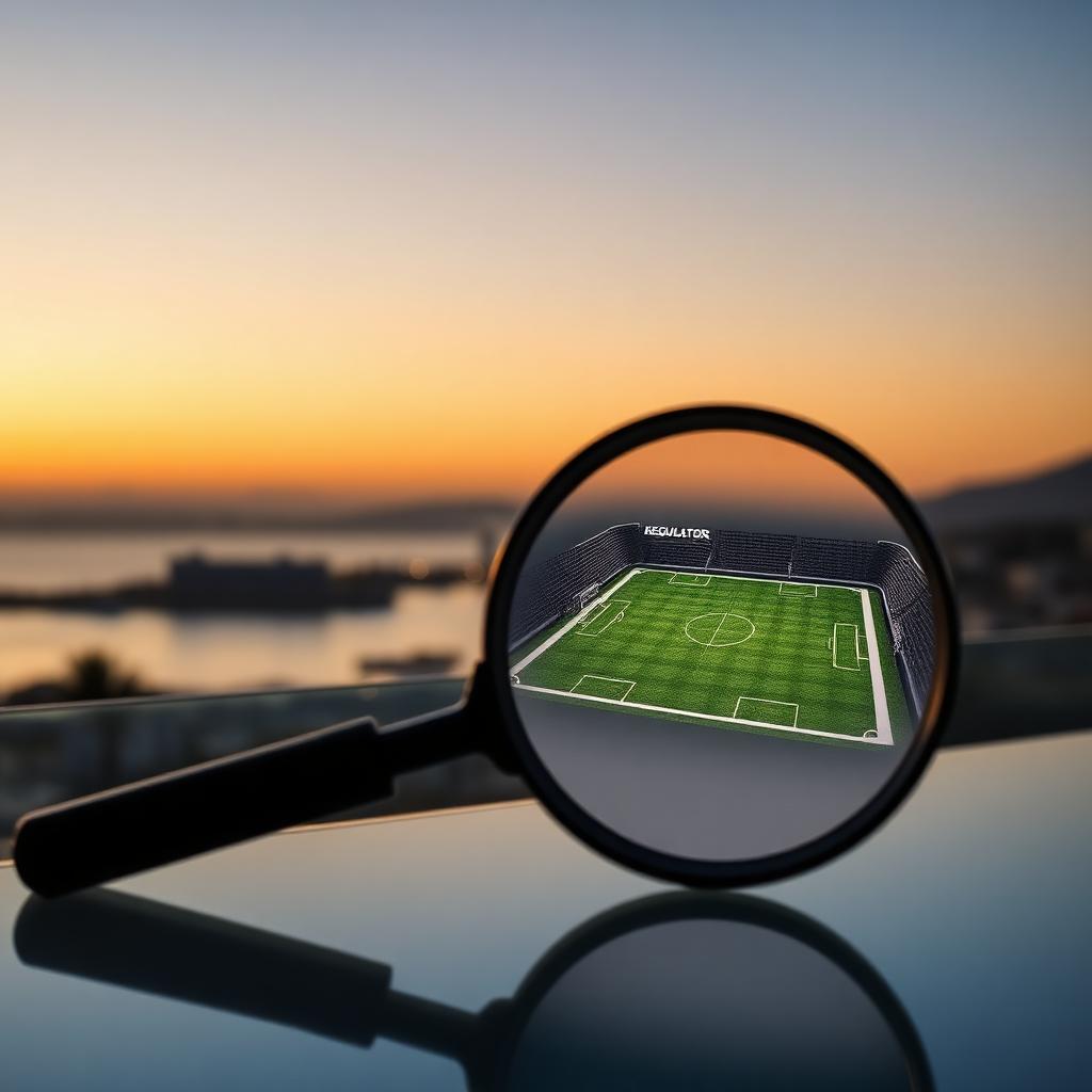 Stilisierter Spielfeld-Ausschnitt unter Lupe vor maltesischer Küste in der Abenddämmerung, Symbolbild zur MGA-Warnung vor Wettbetrug zur WM 2026