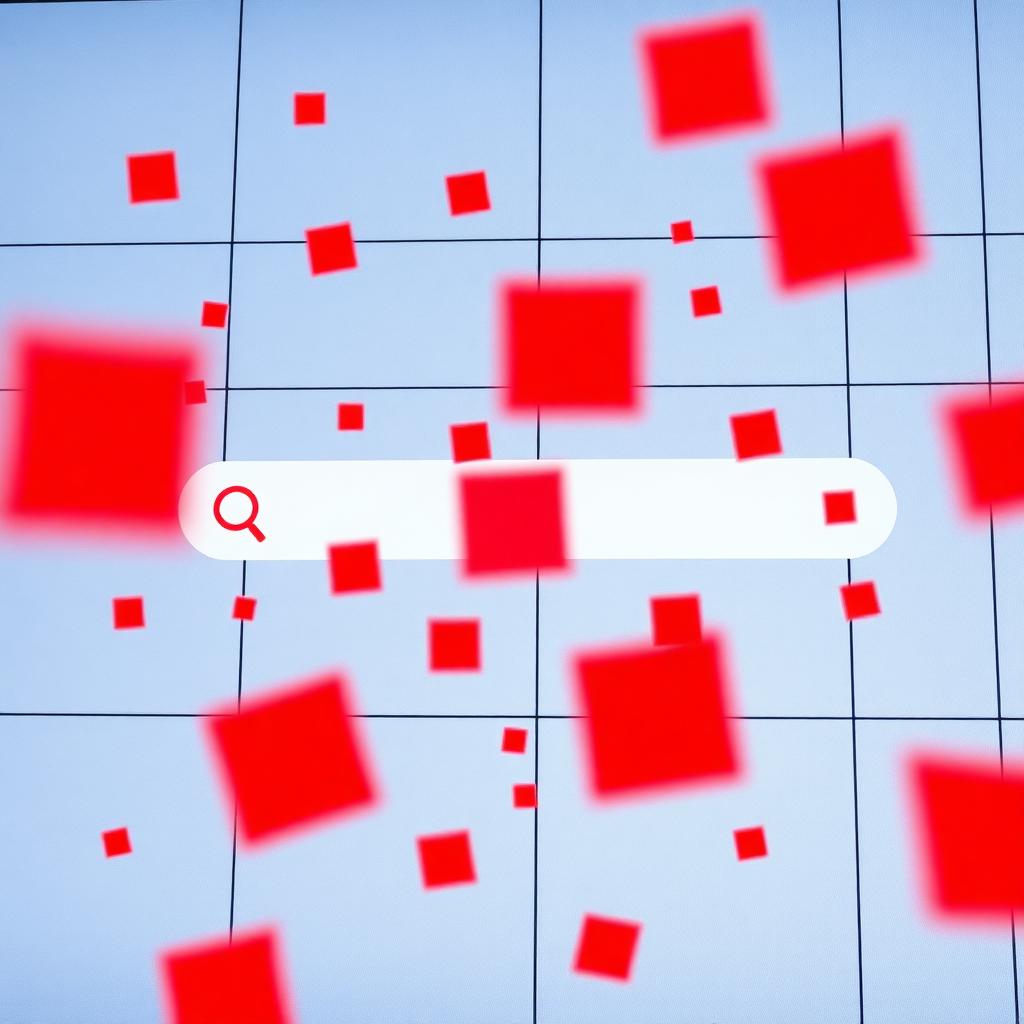 Bildschirm mit Suchleiste und schwebenden roten Sperrsymbolen, Symbolbild zum Google-Transparenzbericht 2025 über blockierte Glücksspiel-Anzeigen