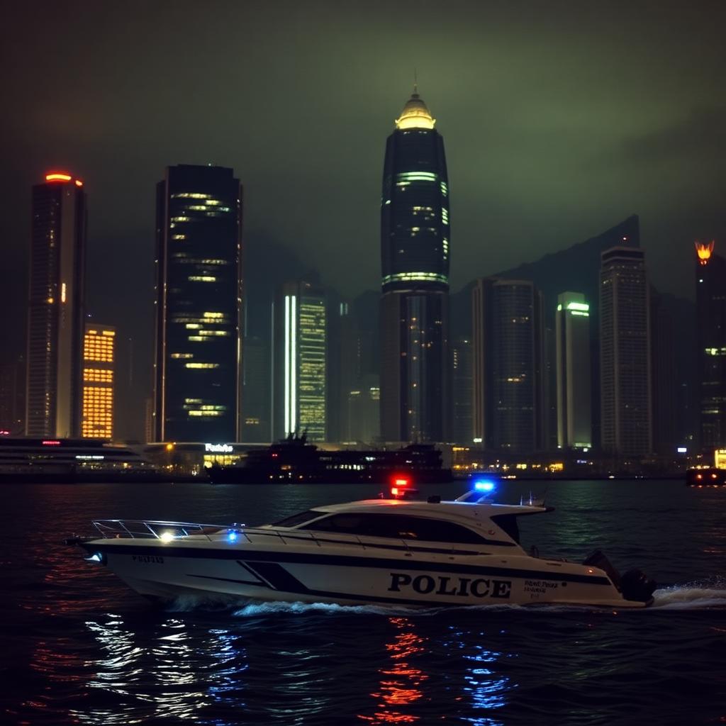 Hongkong-Hafen bei Nacht mit Polizeiboot im Vordergrund, Symbolbild zur Polizei-Warnkampagne vor Übersee-Wettseiten zur WM 2026