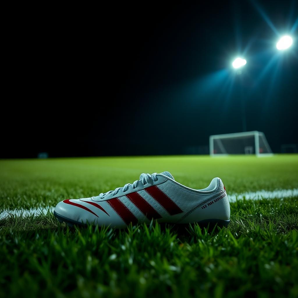 Einzelner Fußballschuh auf Rasen unter Flutlicht, Symbolbild zur Werbeaktion von Stake mit Sergio Agüero zur WM 2026 und Warnung vor illegaler Werbung in Deutschland